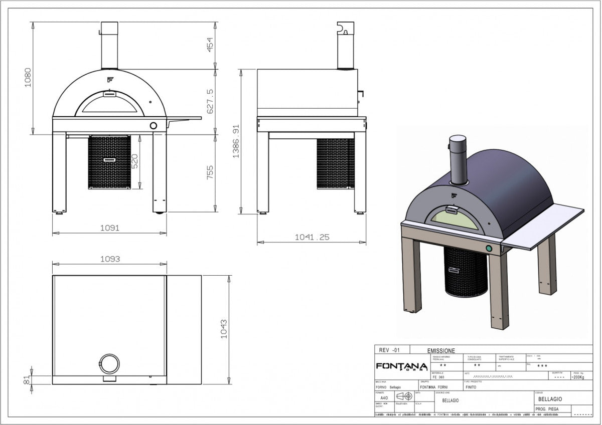 Fontana Bellagio Wood Pizza Oven with Trolley